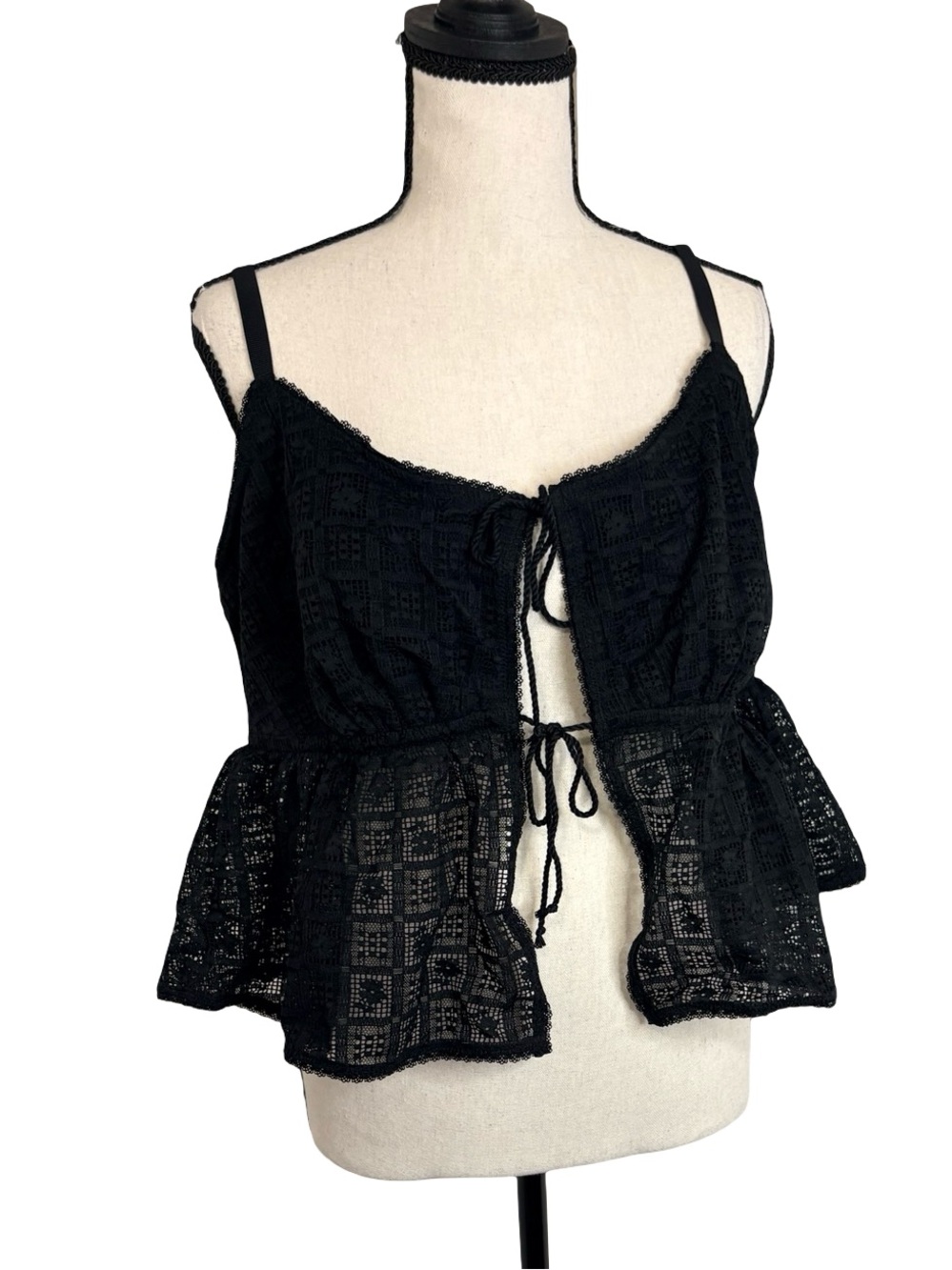 Aerie Show Off High Tide Lace Tie Front Babydoll Tank Top Black XXL 2692-4161